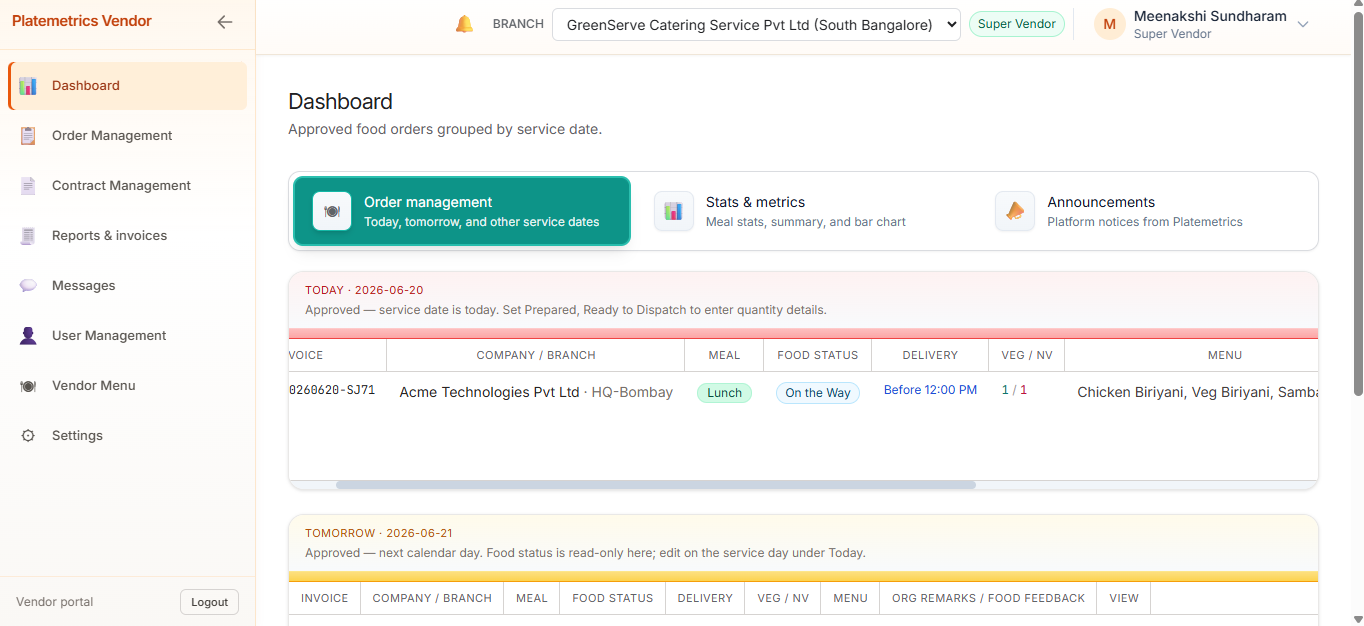 Vendor portal dashboard with approved food orders grouped by service date